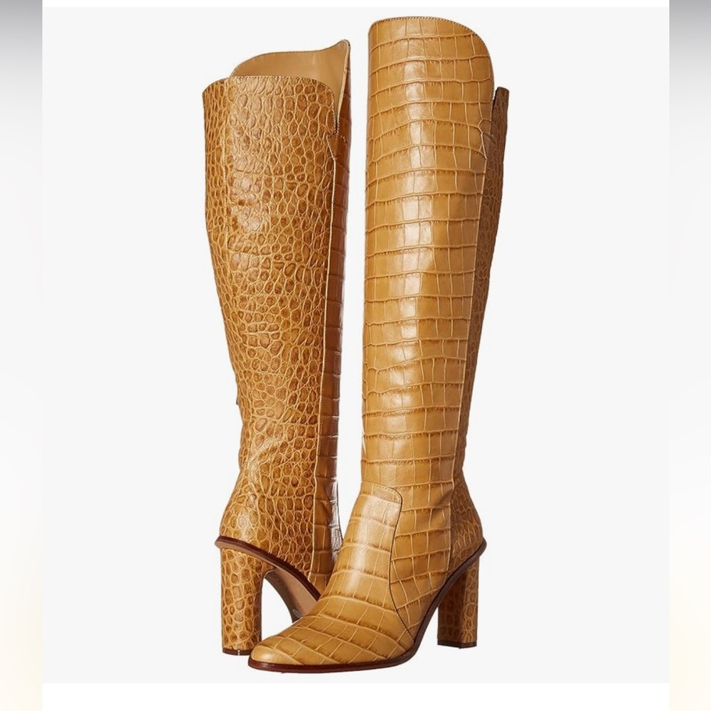 Vince Camuto - Tan Heeled Boots with Croc Texture and Block Heel